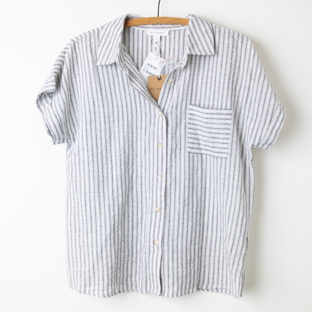 Blu Pepper Linen Blend Striped Shirt Womens Medium Black Gray White Button Down